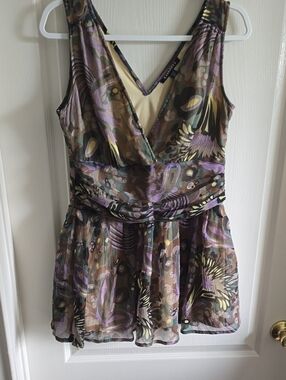 Sleeveless V-Neck Floral Print Dress in Brown and Lavender